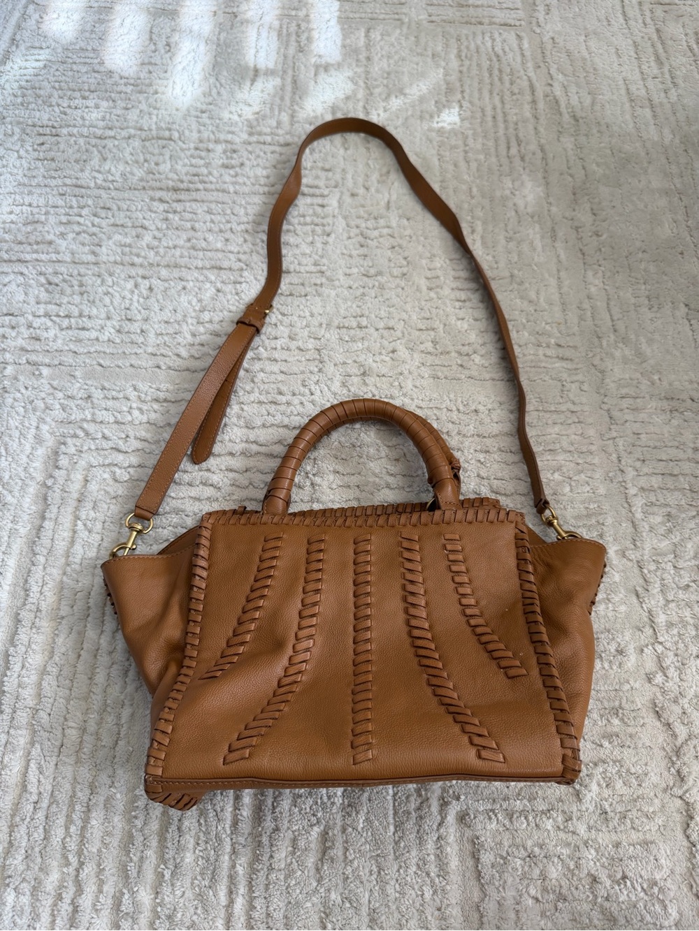 Vince Camuto Cognac Brown Whipstitch Satchel Crossbody Shoulder Bag